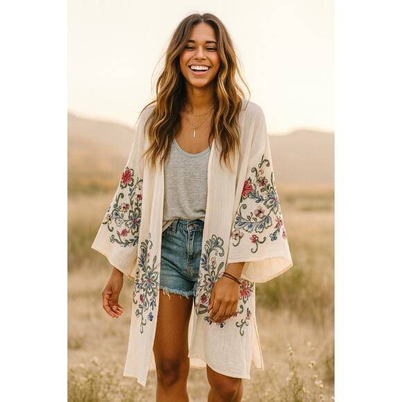 Boho Embroidered Kimono Duster OS Open Front Floral Long Sleeve Cardigan Jacket - Picture 6 of 6